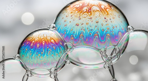 Colorful Soap Bubbles with Iridescent Swirls on Transparent Surface