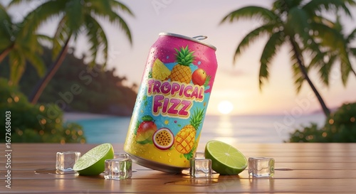 Colorful Tropical Fizz Can with Lime Slices and Ice Cubes on Wooden Surface at Sunset Beach