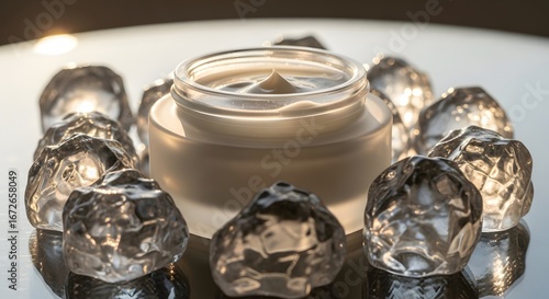 Cream Jar with Ice Cubes on Reflective Surface in Warm Lighting