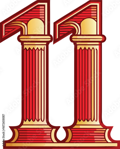 Chinese Singles Festival Elements Elegant Red and Gold Number Eleven with Classical Columns Design Element