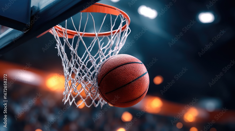 Fototapeta premium Basketball ball passing through the net in a stadium.