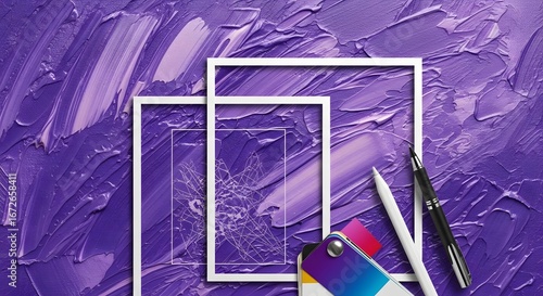 Creative Abstract Art with Purple Textured Background and Geometric White Frames