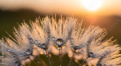 Dandelion Seed Head with Dew Drops at Sunrise in Warm Lighting