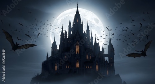 Dark Gothic Castle Under Full Moon with Bats Flying in Night Sky