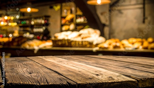 Empty Wooden Table in Front of a Blurred Bakery Display.