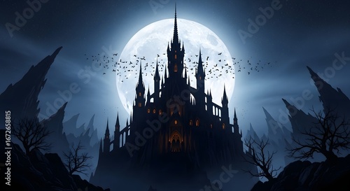 Dark Haunted Castle Against Bright Full Moon with Flying Bats and Bare Trees in Night Scene