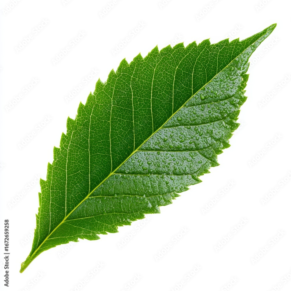 Obraz premium A vibrant close-up shot of a green leaf, showcasing its intricate details. The leaf appears fresh and full of life, with a beautiful natural texture