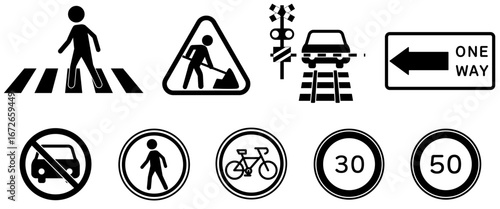 交通標識アイコンセット 横断歩道 工事中 一方通行 鉄道踏切 速度制限
