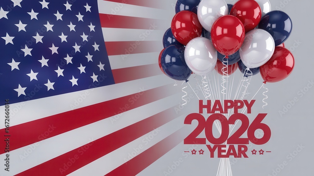 Fototapeta premium Celebrate America's future with patriotic balloons and flag for upcoming 2026 celebration