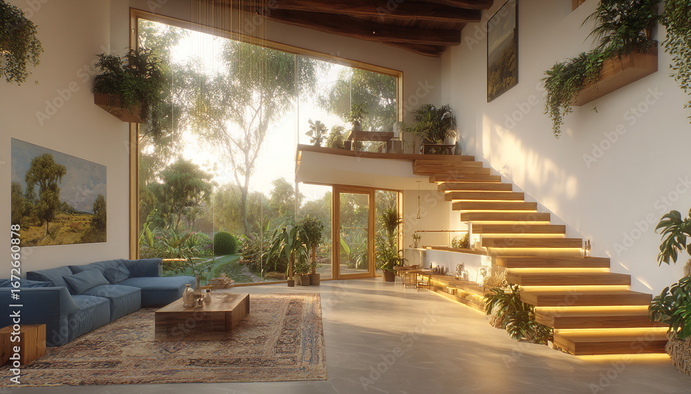 Fototapeta premium A modern and cozy living room with biophilic inspiration. High ceilings, a wooden staircase, large windows, and plants throughout create a serene atmosphere.