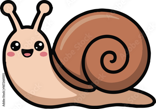 Illustration of a cute cartoon snail with a brown shell and a happy face on a white background