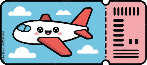 Cartoon airplane ticket with a smiling airplane flying in a blue sky with white clouds illustration