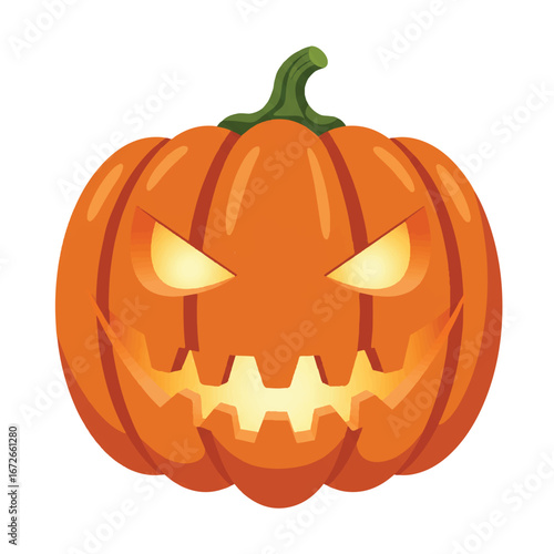 Vector illustration of a jack o' lantern with a menacing face on a white background for Halloween, conveying a spooky mood with orange and yellow tones.
