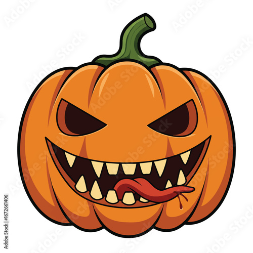 Vector illustration of a spooky jack o lantern with sharp teeth and a red tongue on a white background for Halloween.