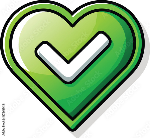 Online Dating App Graphics Green Heart Checkmark Icon:  Approval, Confirmation, Yes, Positive Feedback, Eco-Friendly,  Vector Illustration