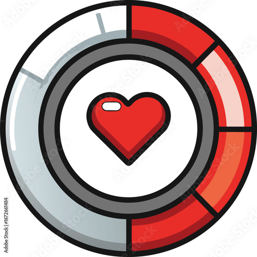 Online Dating App Graphics Circular Heart Health Progress Indicator: Red, Gray, and White Segments with a Central Red Heart Icon