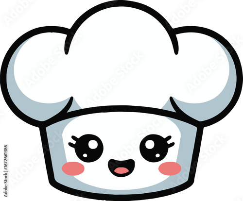 A cartoon chef hat with a cute face and rosy cheeks on a white background in a simple illustration