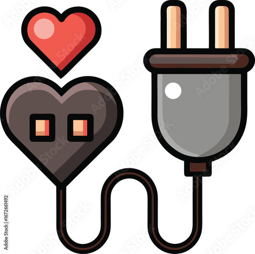 Online Dating App Graphics Heart-Shaped Electrical Outlet Connected to a Plug: A Symbol of Love and Power Supply