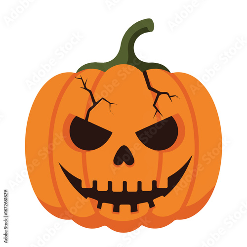 A jack o lantern vector graphic with a spooky face on a white background for Halloween, conveying a festive and eerie mood.