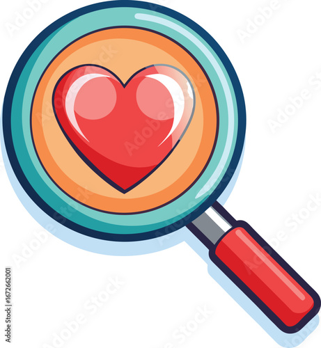 Online Dating App Graphics Colorful Cartoon Magnifying Glass with a Red Heart Inside, Vector Illustration for Love, Search, and Discovery