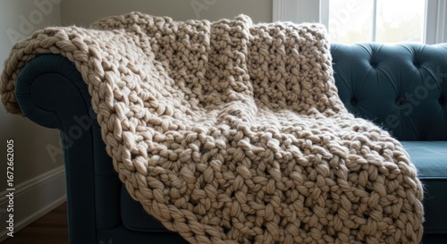 Wallpaper Mural Chunky knit beige blanket draped over a tufted teal sofa Torontodigital.ca