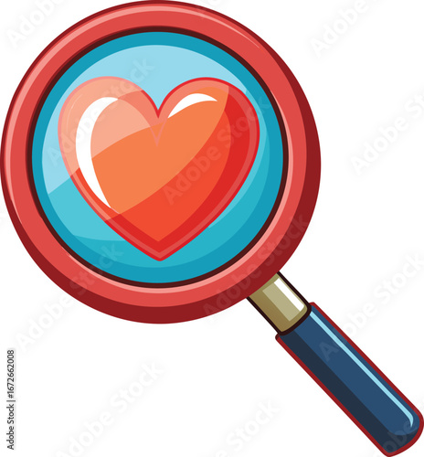 Online Dating App Graphics Magnifying Glass with a Red Heart: Illustration of Love, Focus, and Heart Health Concept