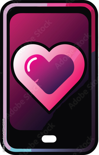 Online Dating App Graphics Pink Heart Shaped Icon on Smartphone Screen, Digital Love, Valentine's Day, Mobile App Design, Gradient Colors,