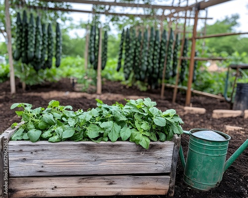 Rustic Wooden Planter Box with Lush Greenery in a Vegetable Garden
