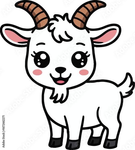 A cartoon goat with big eyes and brown horns standing on a white background in a cute style