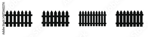 Set of four black wooden fence icons with pointed pickets, classic garden and yard boundary silhouettes, outdoor property divider vector illustrations for home and landscape design