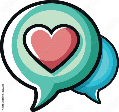 Online Dating App Graphics Abstract Teal and Blue Speech Bubbles with Pink Heart Icon: Love, Communication, and Connection Graphic Design