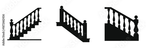 Set of three black classic wooden staircase icons with decorative balusters and handrails, elegant home interior stairway silhouettes, vintage architectural design vector illustrations