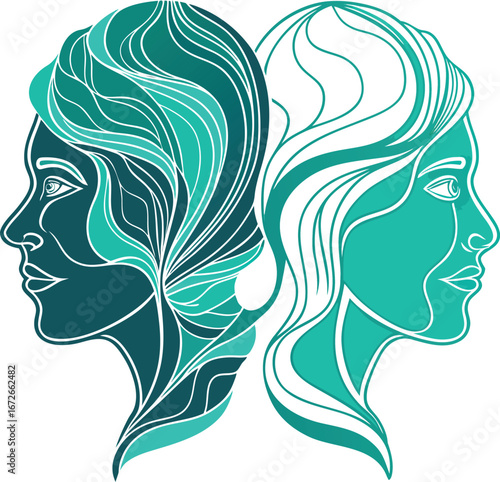 Online Dating App Graphics Abstract Teal and White Line Art Illustration of Two Women's Faces in Profile, Back to Back,