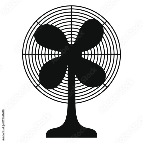 Black silhouette of a classic table fan with four blades and protective grill, electric cooling appliance icon for home, office, and indoor ventilation, simple fan vector illustration