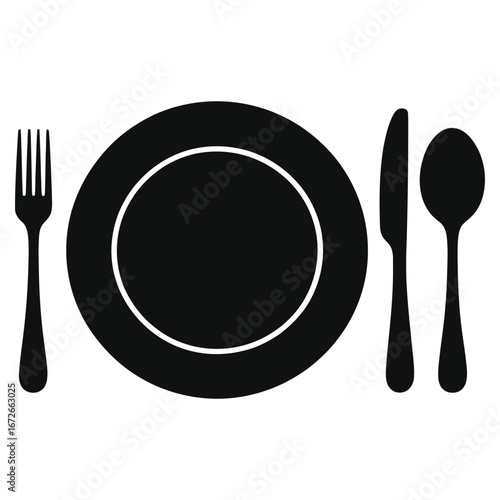 Black silhouette of a dining table setting with plate, fork, knife, and spoon, simple cutlery and dishware icon for restaurant, food service, kitchen, and meal concept design