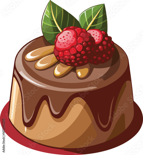 Singles Dining Experience Delicious Chocolate Mousse Cake Topped with Raspberries and Caramel Drizzle, Cartoon Illustration