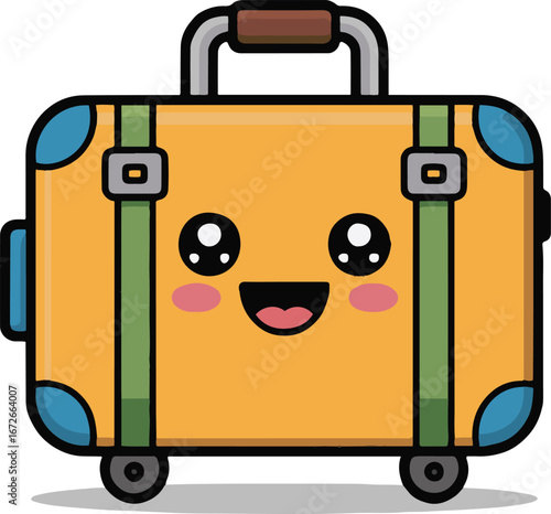 Cartoon yellow suitcase with a happy face and blue accents on a plain white background image render