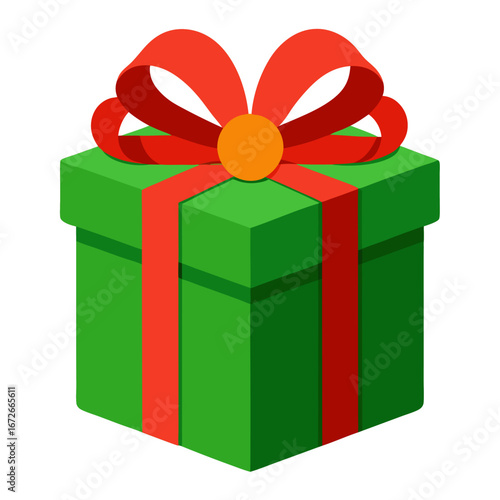 Green christmas gift box with red ribbon isolated on white background