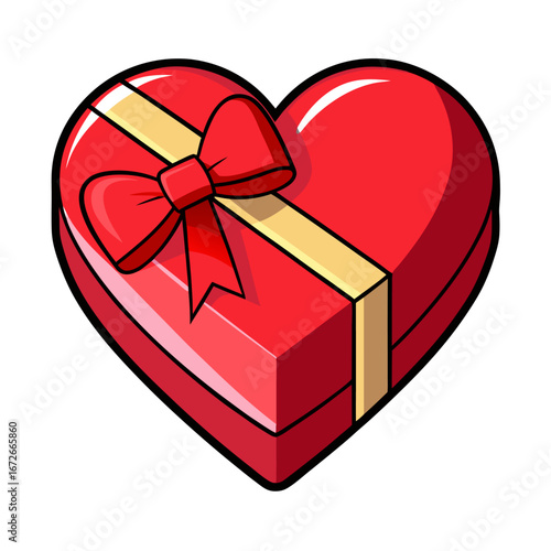 Heart shaped red gift box with decorative bow isolated on white background