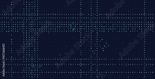 Futuristic digital grid with blue dots on dark background.