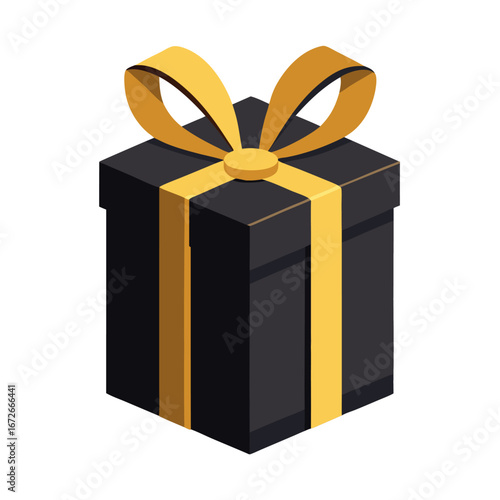 Single black gift box with golden ribbon isolated on white background