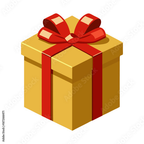 Single gold gift box with red ribbon isolated on white background