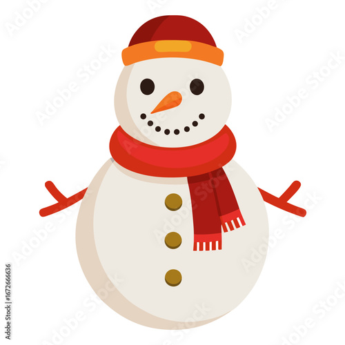 Cute snowman with carrot nose and scarf isolated on white background