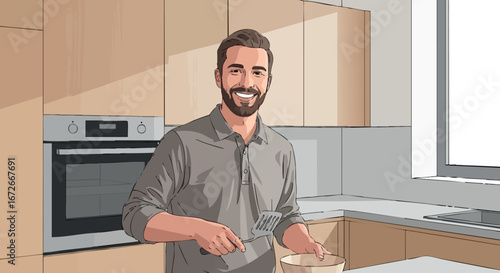 Man cooking in modern kitchen preparing food with smile and casual shirt vector illustration 