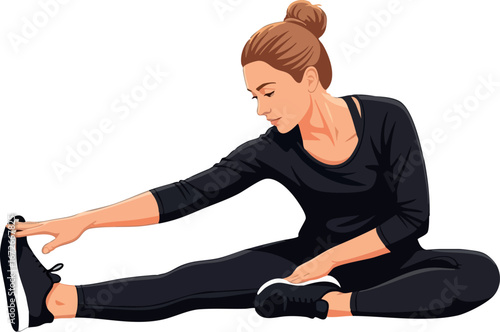 Woman stretching leg in black workout clothes fitness and flexibility exercise vector illustration 
