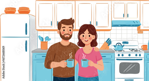 Couple enjoying morning coffee together in cozy kitchen illustration 