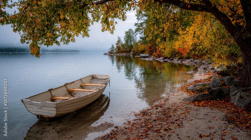 Obraz premium Serene autumn landscape with a small boat on a calm lake surrounded by colorful foliage and misty mountains in the background