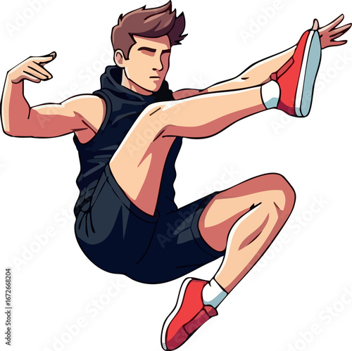 Athletic young man performing high jump with red shoes and black sportswear vector illustration 