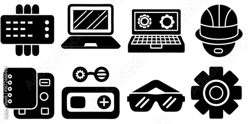 Collection of technology and gaming icons including laptops vr goggles hard hat and game controller silhouette isolated on white background