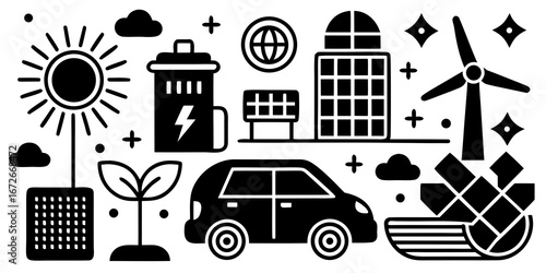 Collection of clean energy icons including solar power wind turbine electric car and green city buildings silhouette isolated on white background